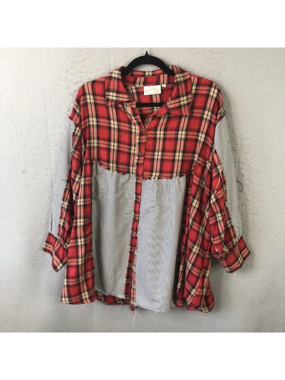 Farmhouse Top Womens One Size Red Plaid Stripe Patchwork Flannel Tunic Boho